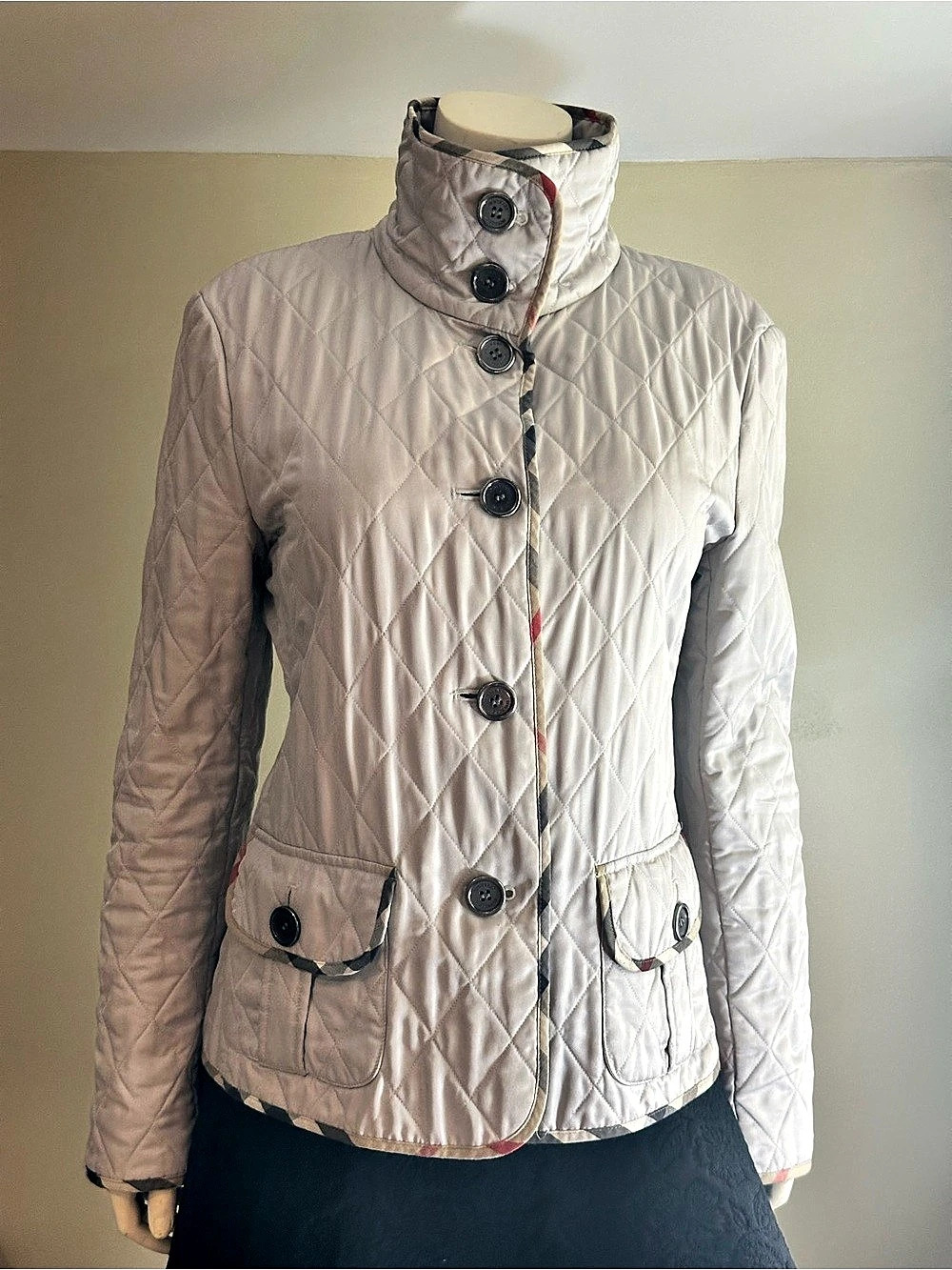 Burberry Brit Diamond Quilted Jacket with Nova Check Trim Quilted Plaid-Lined